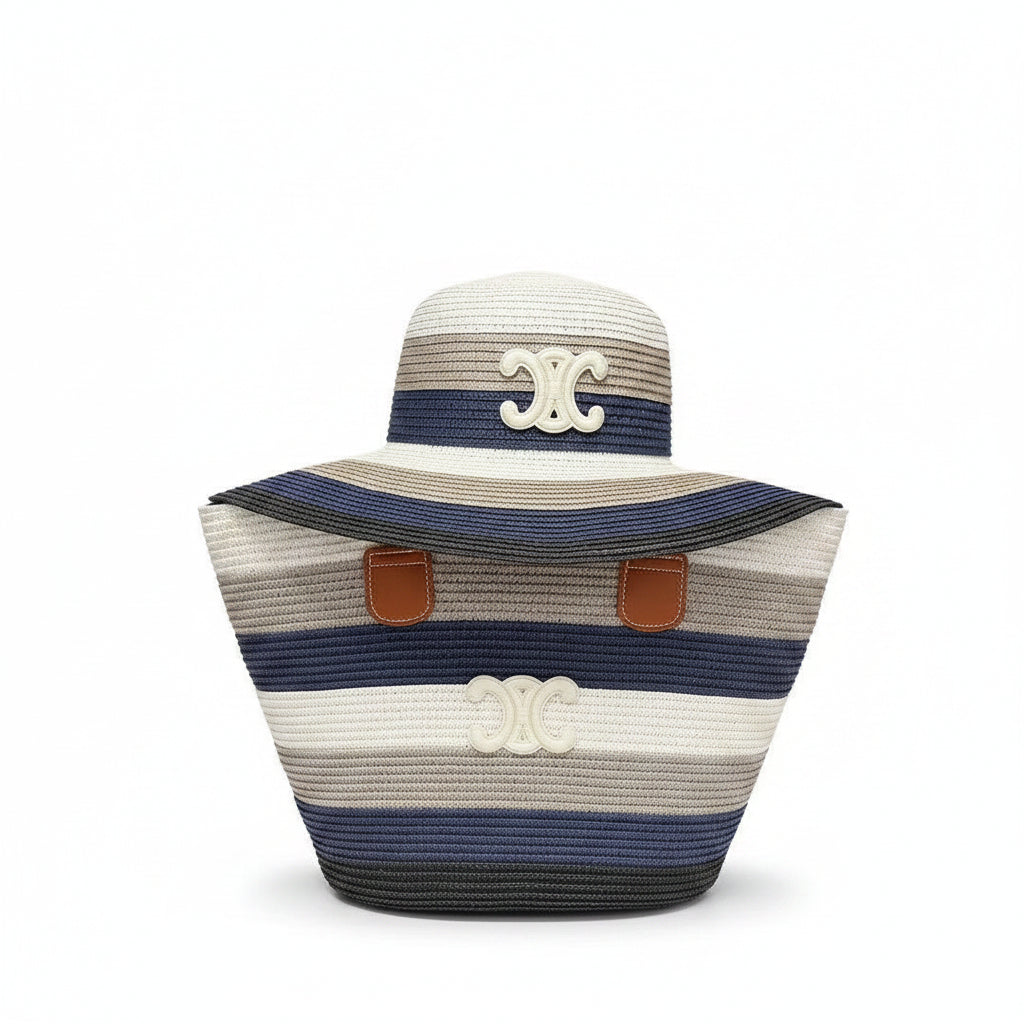 Navy Stripe Woven Straw Tote Bag & Sun Hat Set