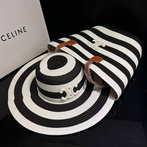 Black & White Stripe Woven Straw Tote Bag & Sun Hat Set