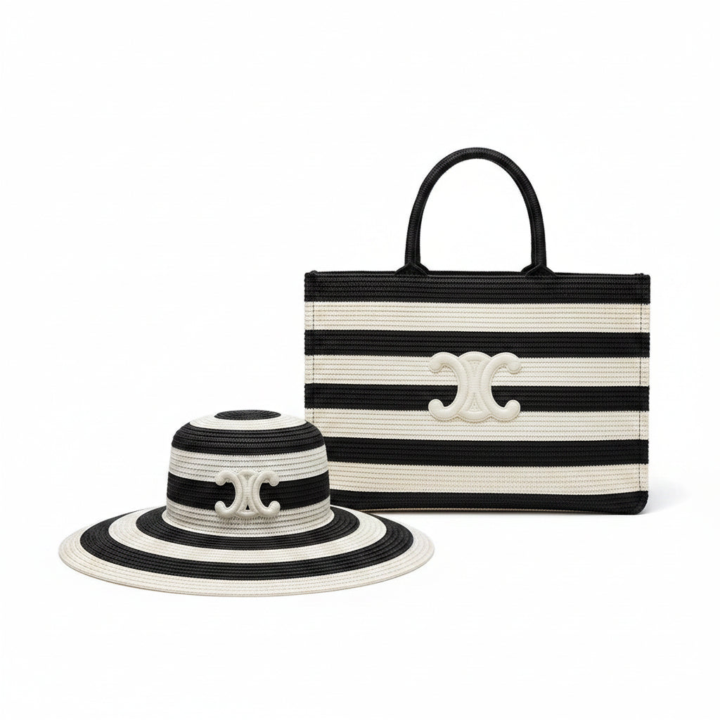 Black & White Stripe Woven Straw Tote Bag & Sun Hat Set