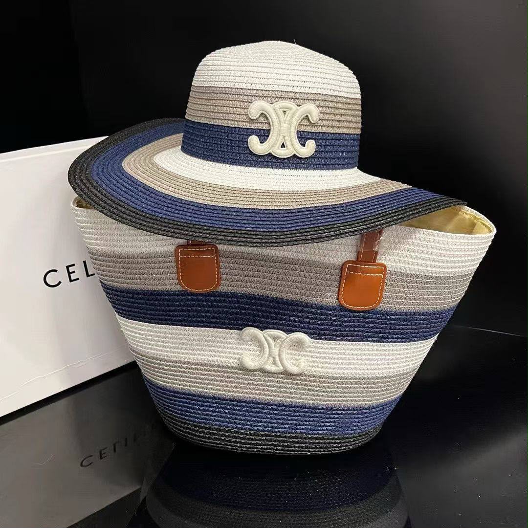 Navy Stripe Woven Straw Tote Bag & Sun Hat Set