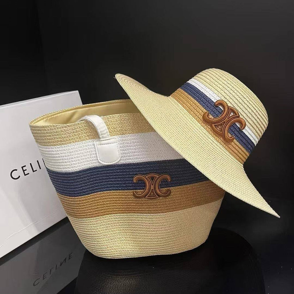Natural Straw Colour-Block Tote Bag & Sun Hat Set