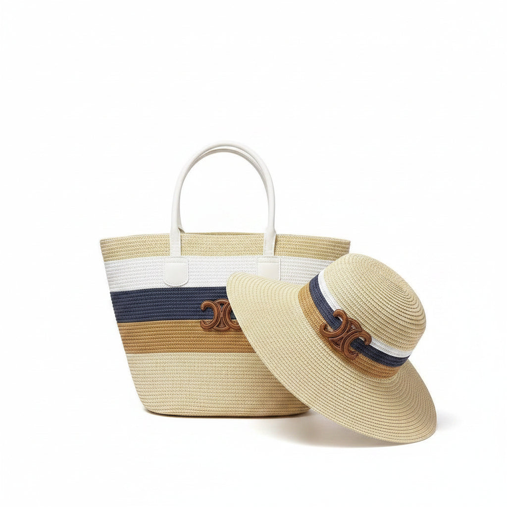 Natural Straw Colour-Block Tote Bag & Sun Hat Set
