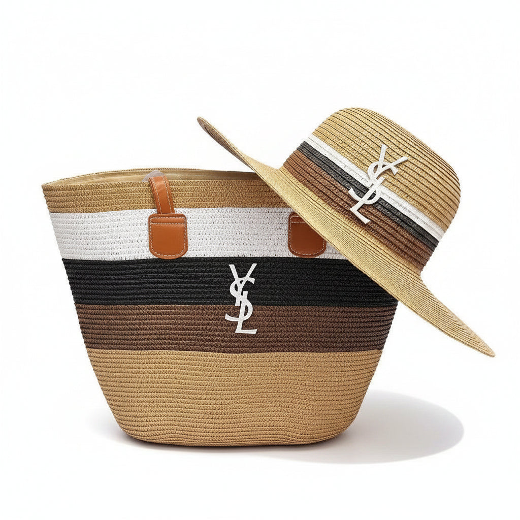 Tan & White Stripe Straw Tote Bag & Sun Hat Set