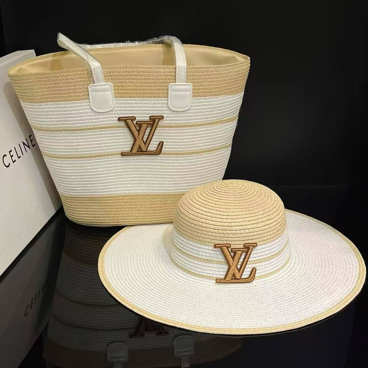 Natural & White Stripe Straw Tote Bag & Sun Hat Set with Gold Monogram Emblem