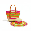 Neon Multi-Stripe Straw Tote Bag & Sun Hat Set