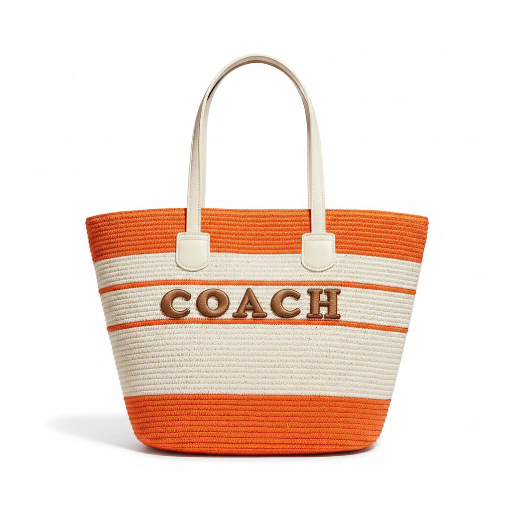 Orange & White Stripe Straw Tote Bag with Gold Letter Emblem