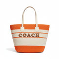 Orange & White Stripe Straw Tote Bag with Gold Letter Emblem