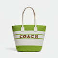 Lime Green & White Stripe Straw Tote Bag with Gold Letter Emblem