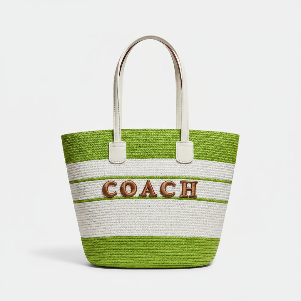 Lime Green & White Stripe Straw Tote Bag with Gold Letter Emblem