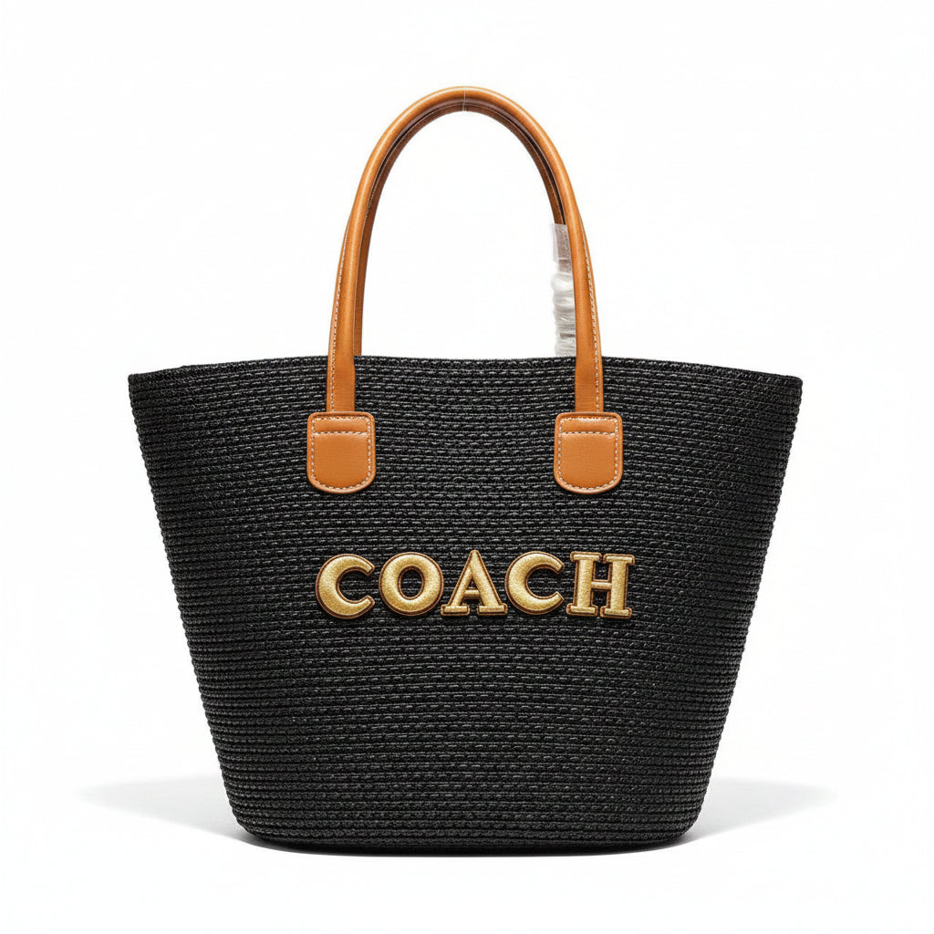 Black Woven Straw Tote Bag with Gold Letter Emblem