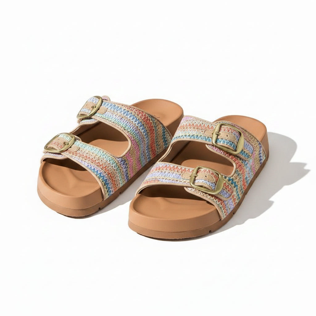 Rainbow Crochet Double-Strap Slide Sandals