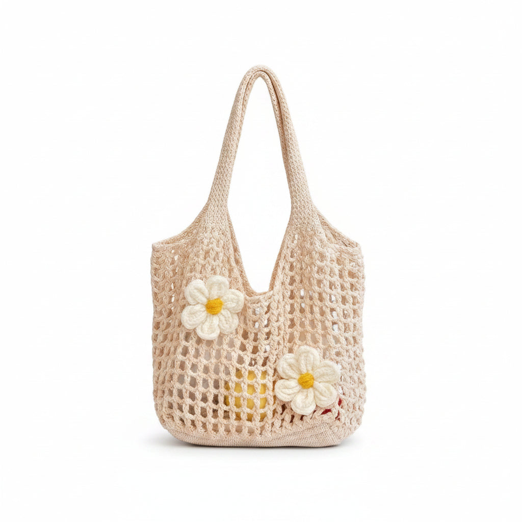 Women's Beige Crochet Mesh Tote Bag with 3D Daisy Flower Accents
