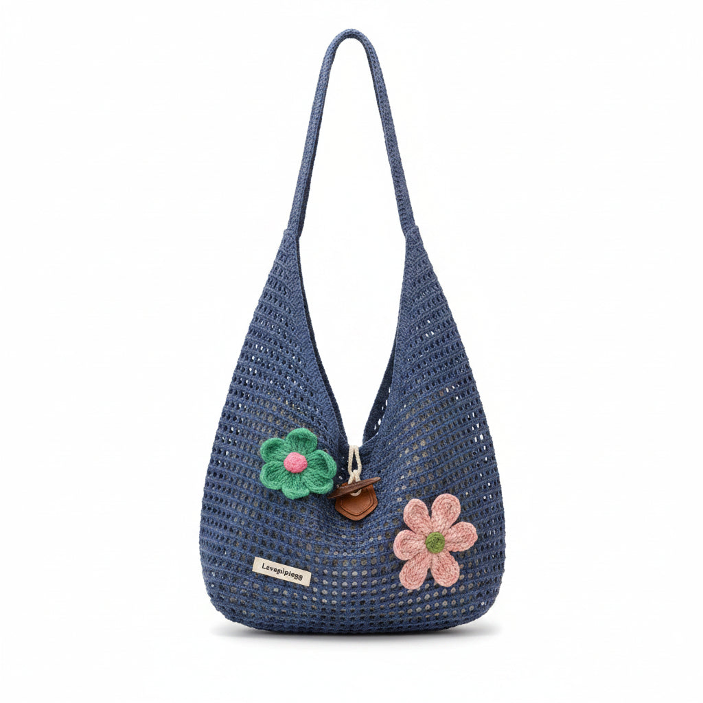 Women's Denim Blue Woven Straw Hobo Bag with Crochet Flower Accents