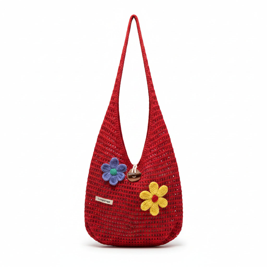 Women's Cherry Red Woven Straw Hobo Bag with Colourful Crochet Flower Accents