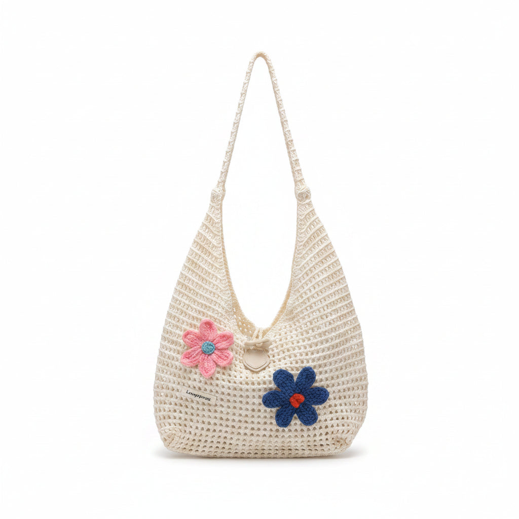 Women's White Woven Straw Hobo Bag with Pink & Navy Crochet Flower Accents