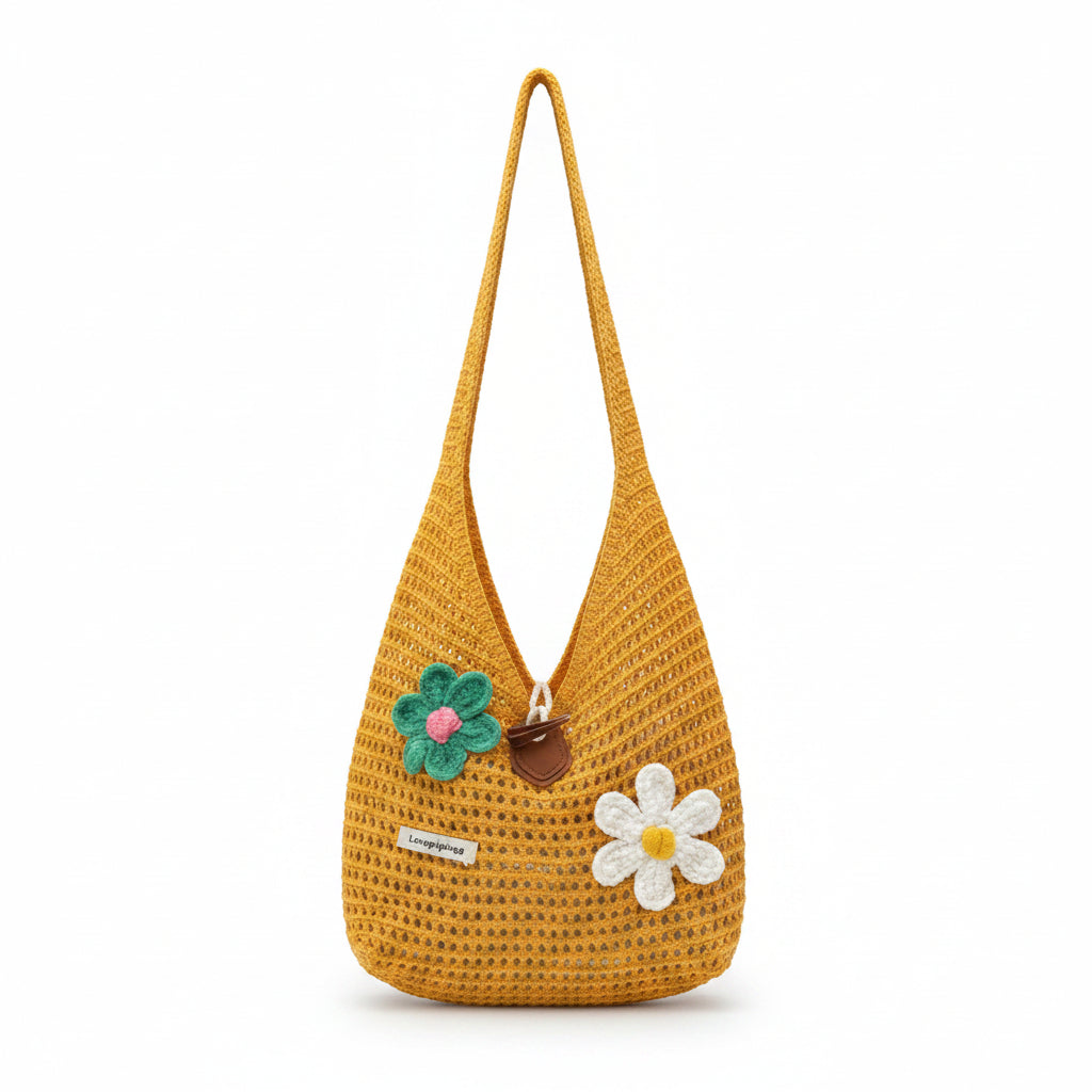 Women's Mustard Yellow Woven Straw Hobo Bag with Teal & White Crochet Flower Accents