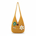 Women's Mustard Yellow Woven Straw Hobo Bag with Teal & White Crochet Flower Accents