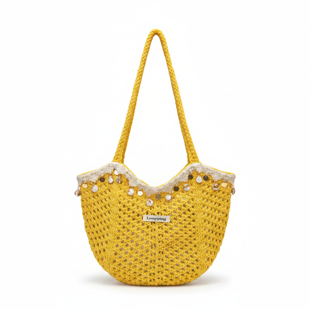 Women's Yellow Crochet Tote Bag with Lace Trim & Shell Bead Embellishments