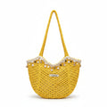 Women's Yellow Crochet Tote Bag with Lace Trim & Shell Bead Embellishments
