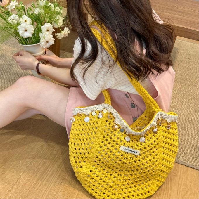 Women's Yellow Crochet Tote Bag with Lace Trim & Shell Bead Embellishments