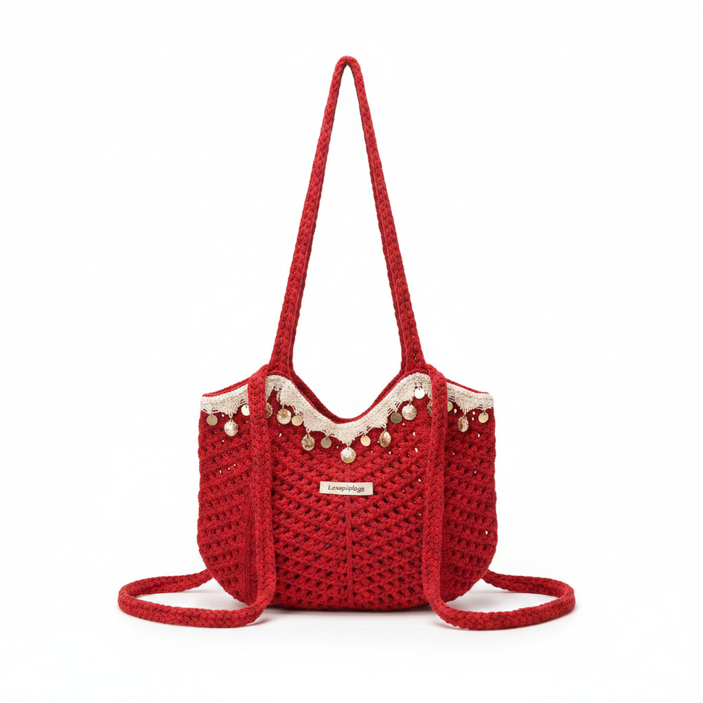 Women's Red Crochet Tote Bag with Lace Trim & Gold Coin Embellishments