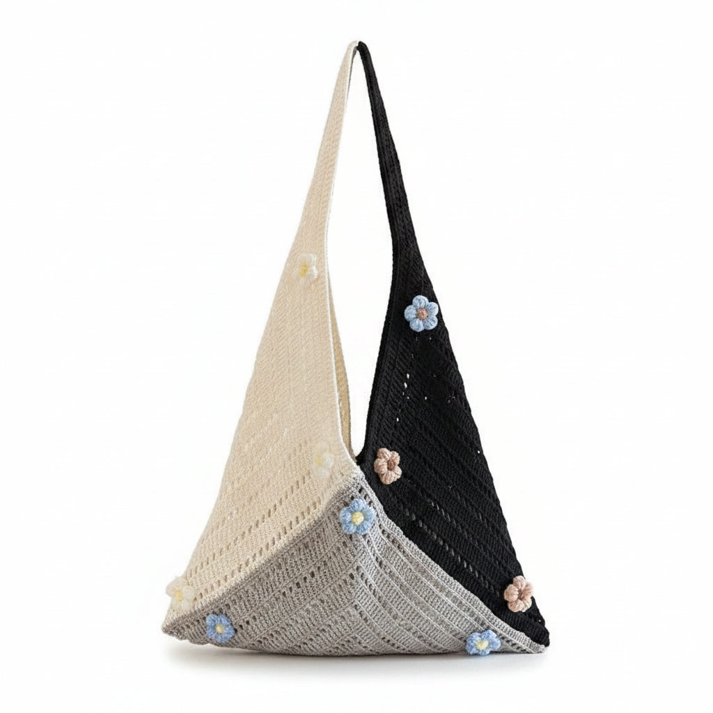 Women's Monochrome Colour-Block Crochet Hobo Bag with Mini Flower Embellishments