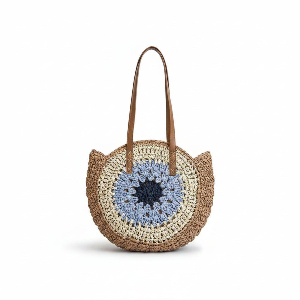 Women's Round Straw Crochet Tote Bag with Blue Granny Square Motif & Leather Handles