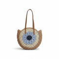 Women's Round Straw Crochet Tote Bag with Blue Granny Square Motif & Leather Handles