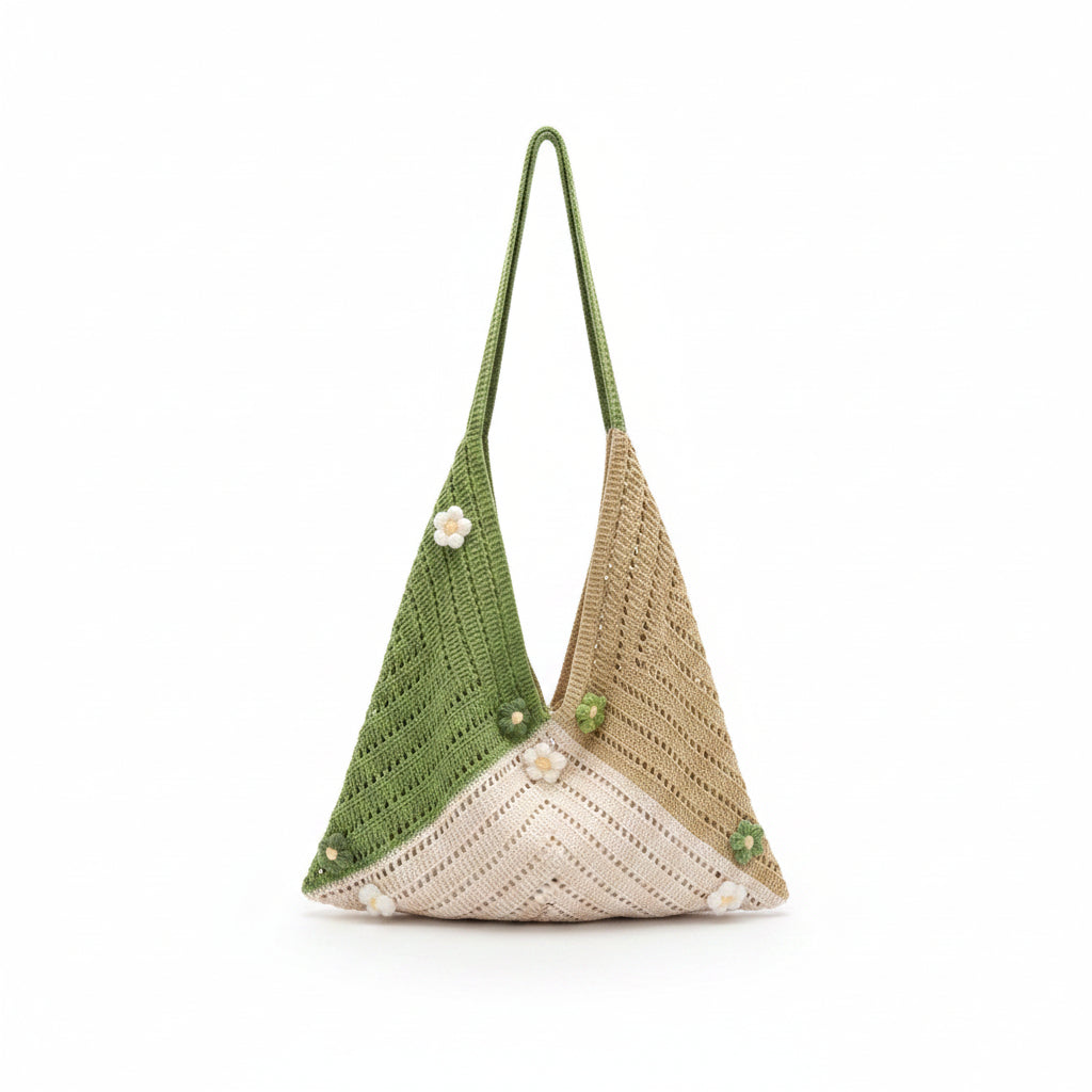 Women's Sage Green & Khaki Colour-Block Crochet Hobo Bag with Daisy Embellishments
