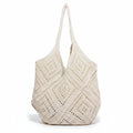 Women's Oversized Cream Crochet Hobo Tote Bag with Diamond Lattice Pattern