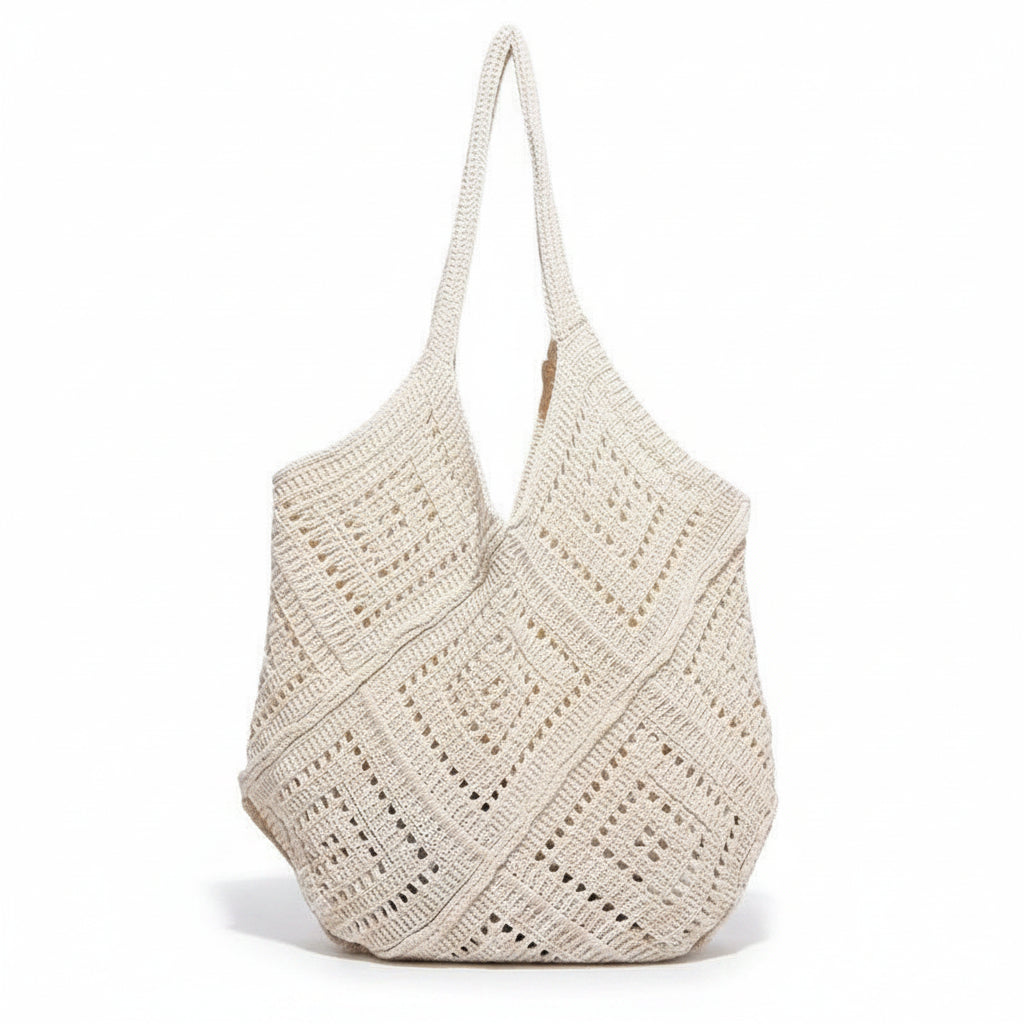 Women's Oversized Cream Crochet Hobo Tote Bag with Diamond Lattice Pattern