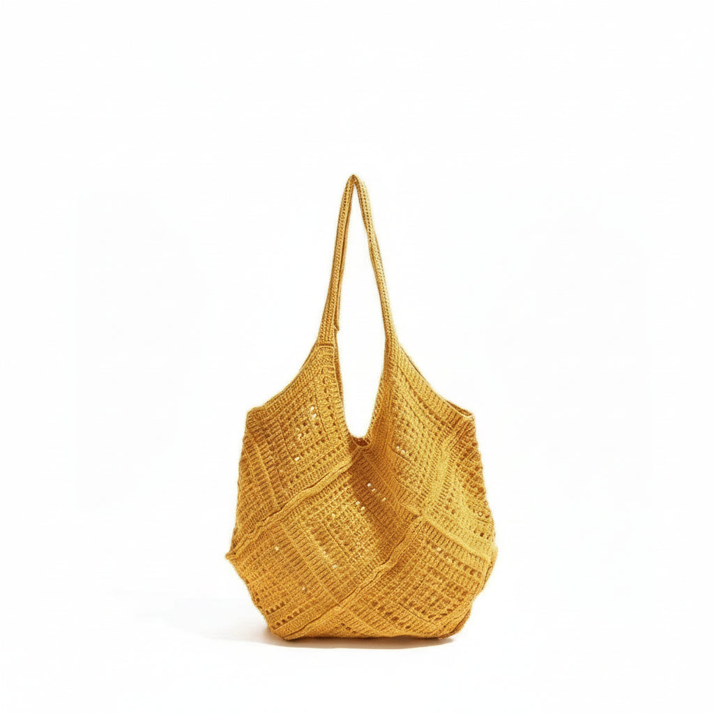 Women's Oversized Mustard Yellow Crochet Hobo Tote Bag with Diamond Lattice Pattern