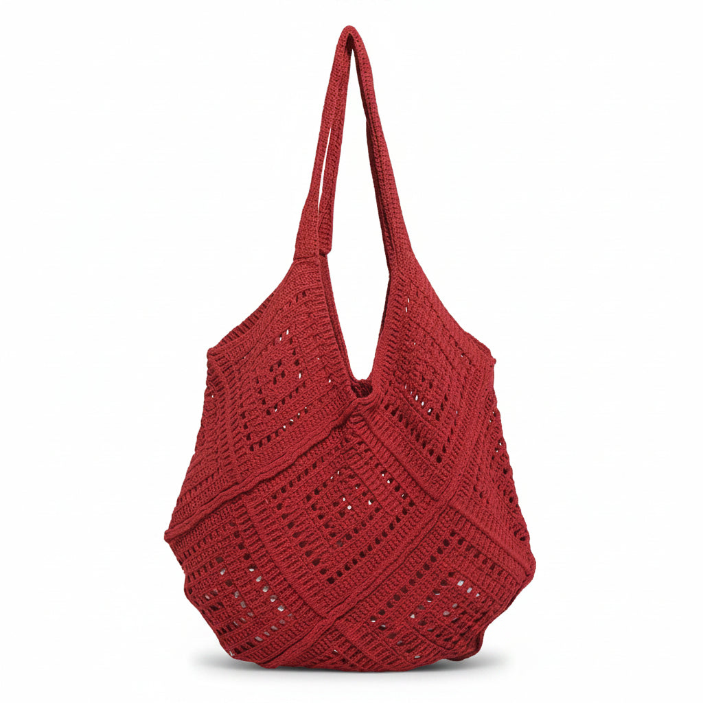 Women's Oversized Cherry Red Crochet Hobo Tote Bag with Diamond Lattice Pattern