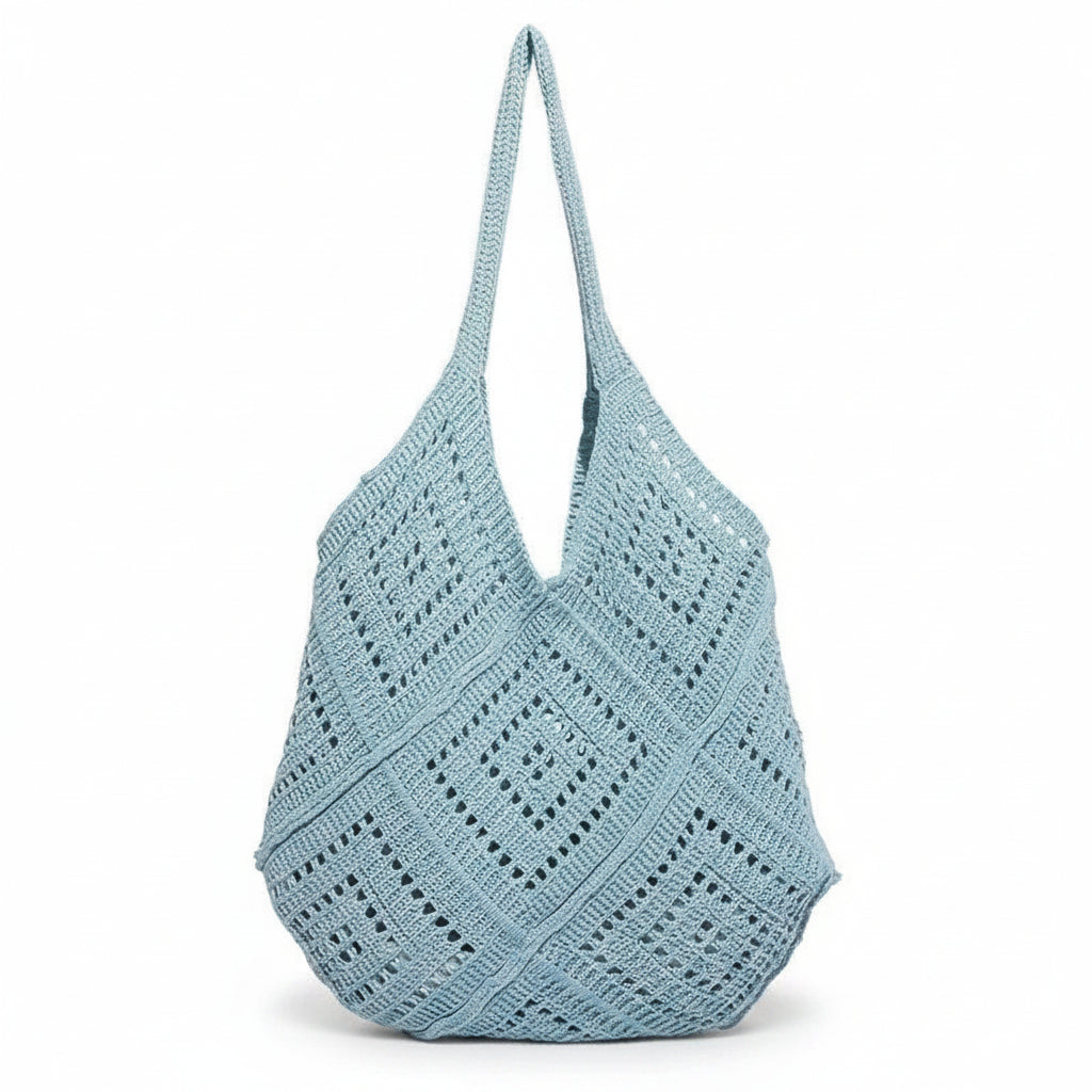 Women's Oversized Powder Blue Crochet Hobo Tote Bag with Diamond Lattice Pattern