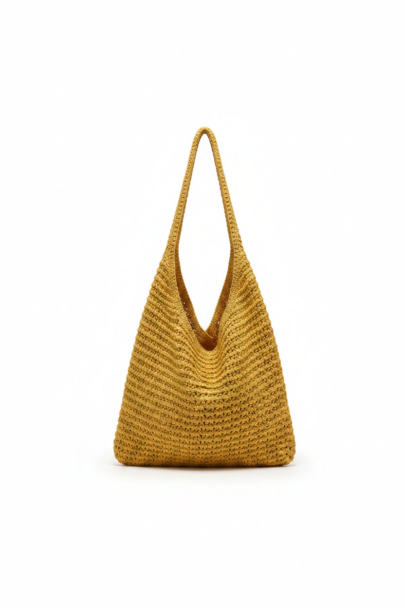 Women's Mustard Yellow Woven Raffia Hobo Bag with Triangular Silhouette