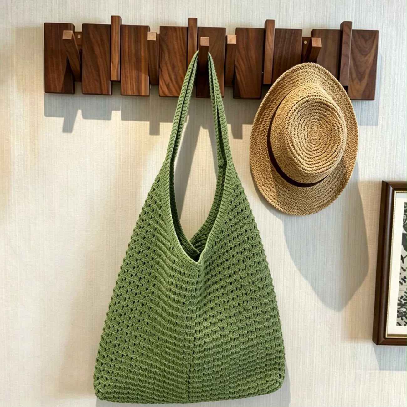 Women's Sage Green Woven Raffia Hobo Bag with Triangular Silhouette