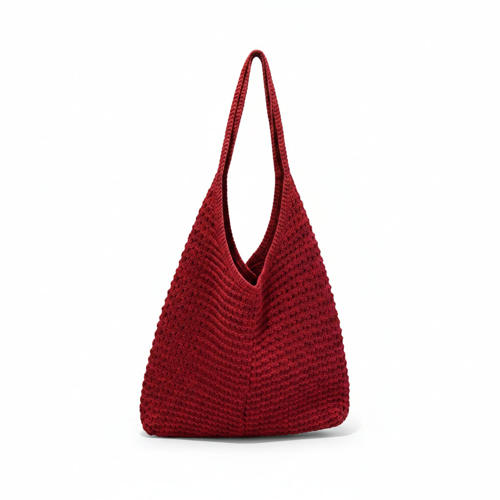 Women's Cherry Red Woven Raffia Hobo Bag with Triangular Silhouette