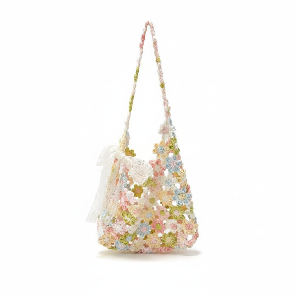 Women's Pastel Daisy Crochet Flower Hobo Bag with Organza Bow – Fully Handcrafted