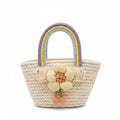 Women's Cream Woven Straw Basket Tote with Rainbow Handle & 3D Flower Charm