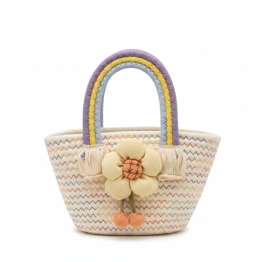 Women's Cream Woven Straw Basket Tote with Rainbow Handle & 3D Flower Charm