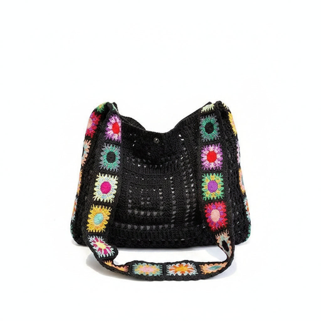 Women's Black Granny Square Crochet Crossbody Bag with Multicolour Sunflower Motifs