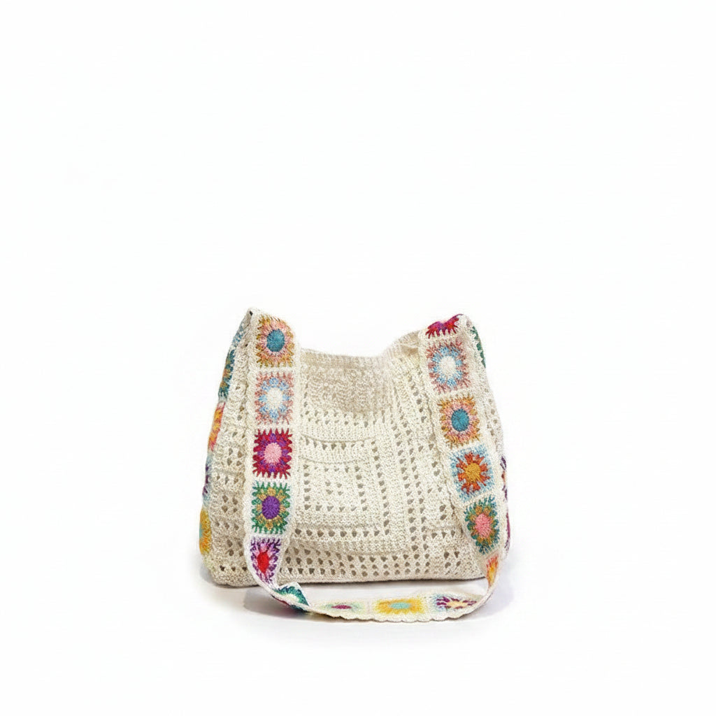 Women's Cream Granny Square Crochet Crossbody Bag with Multicolour Sunflower Motifs