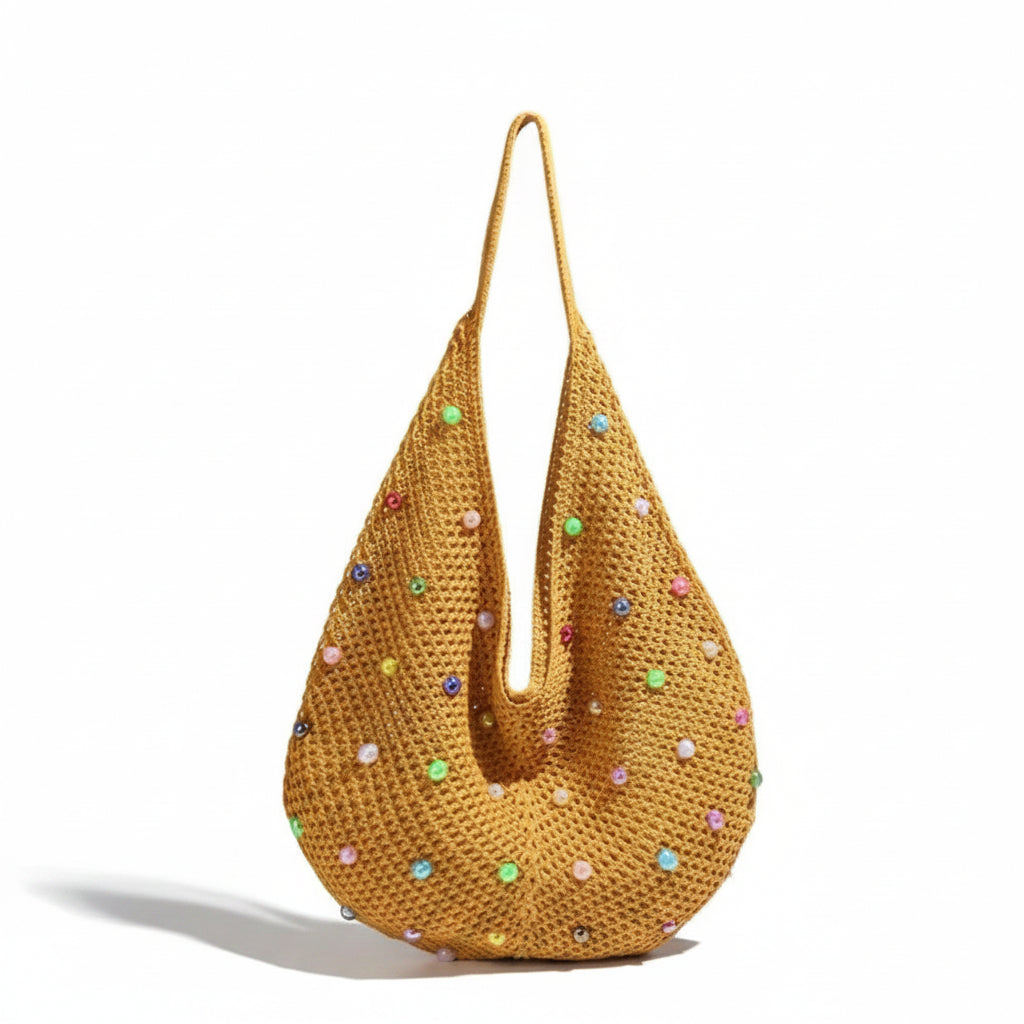 Women's Golden Mustard Crochet Hobo Bag with Multicolour Sequin & Bead Embellishments
