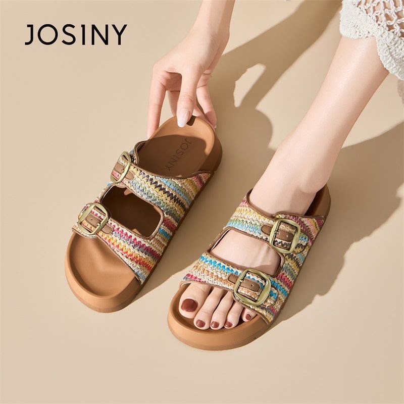Rainbow Crochet Double-Strap Slide Sandals