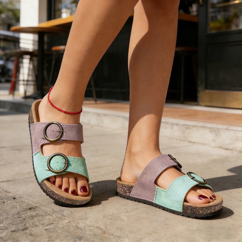 Pastel Double-Strap Cork Footbed Sandals — Lilac & Mint