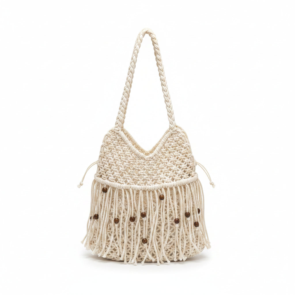Women's Cream Macramé Fringe Shoulder Bag with Wooden Bead Trim