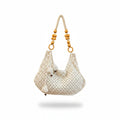Women's Cream Crochet Hobo Bag with Wooden Bead Handle & Shell Charm