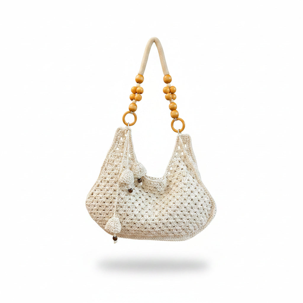Women's Cream Crochet Hobo Bag with Wooden Bead Handle & Shell Charm