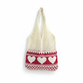 Women's Cream Crochet Mesh Shoulder Bag with Red Heart Knit Panel