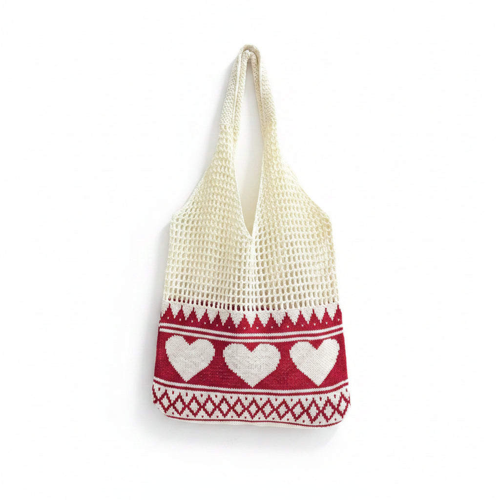 Women's Cream Crochet Mesh Shoulder Bag with Red Heart Knit Panel